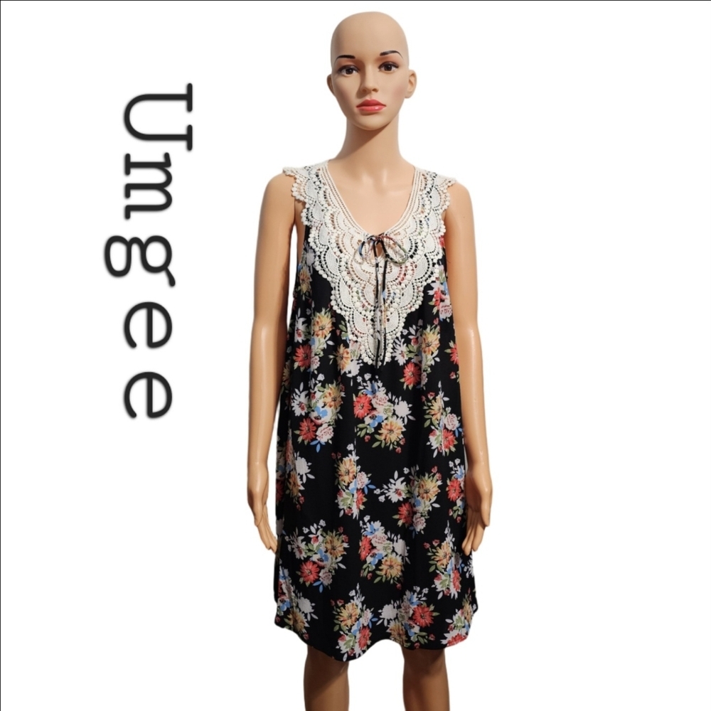 Umgee Boho Dress Floral Crochet Sleeveless Cottagecore Dress Sz M